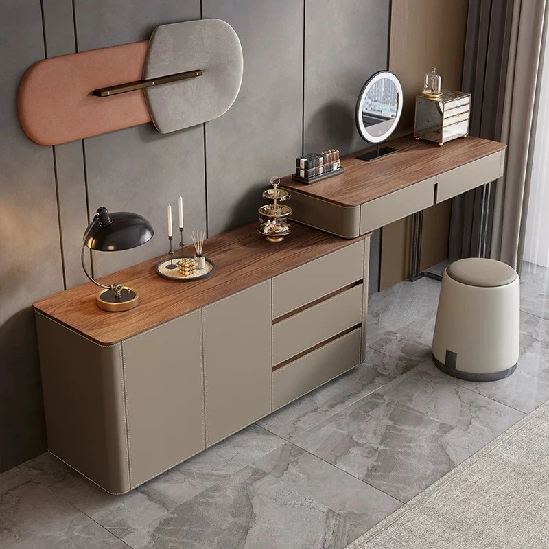 【马鞍皮梳妆台】马鞍皮梳妆台现代简约卧室实木斗柜梳妆台一体