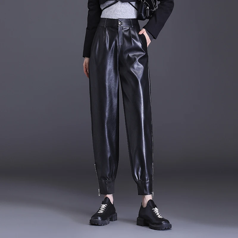 真皮裤女哈伦裤2025秋冬新款高腰外穿宽松小脚裤显瘦休闲萝卜裤