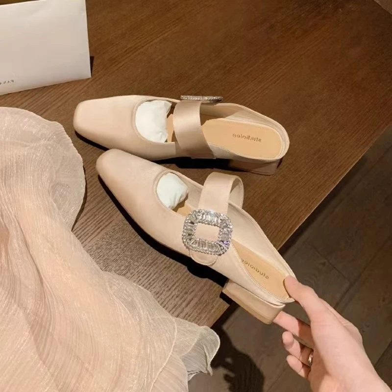 真皮穆勒鞋包头半拖鞋女外穿夏季气质方头水钻一字带低跟粗跟单鞋