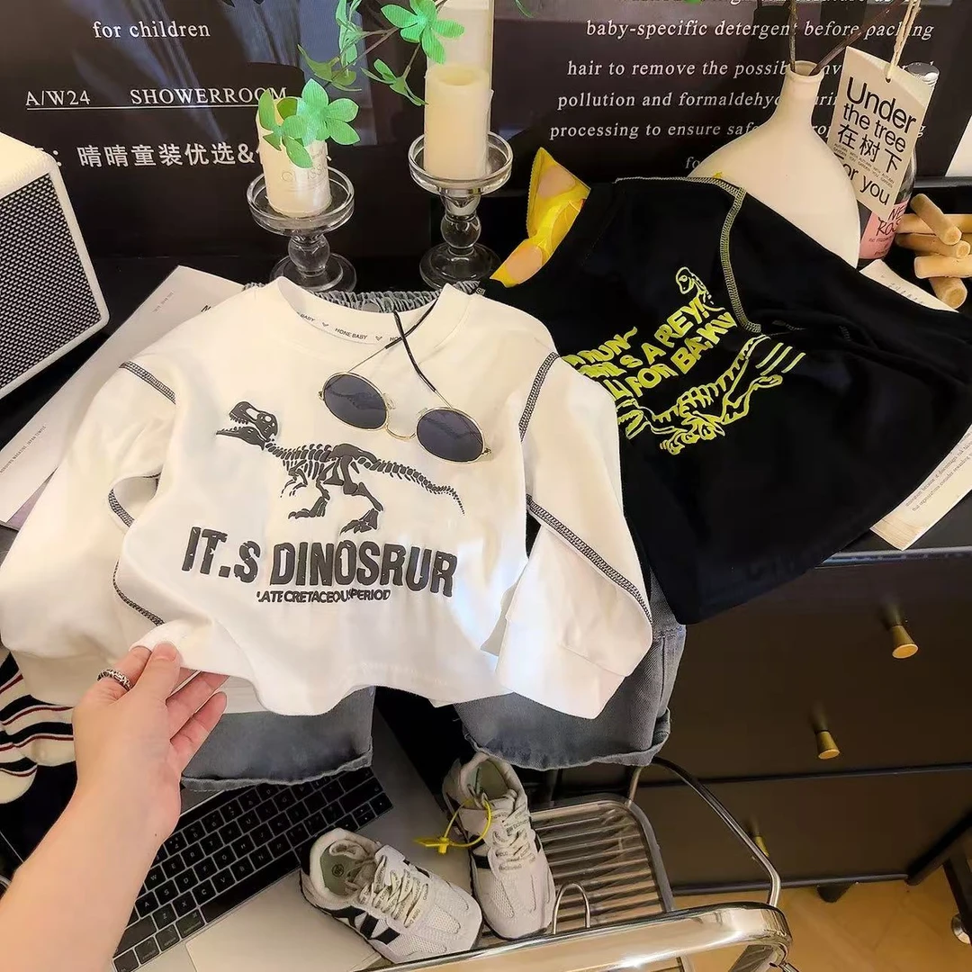【纯棉】圆领恐龙A类卡通风男宝印花长袖T恤时尚洋气打底白色长袖