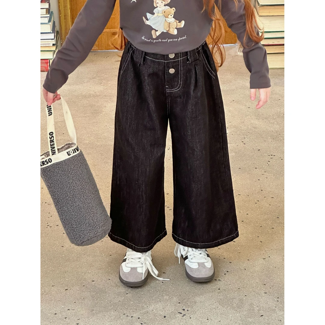 女童裤子秋新款简约百搭两粒扣休闲阔腿裤儿童软牛仔直筒裤86176
