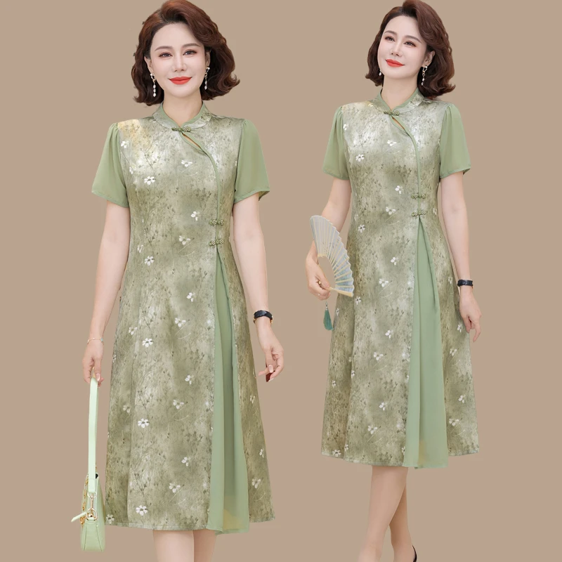 妈妈夏装新款连衣裙女洋气中老年人藏肉气质国风短袖裙子高贵