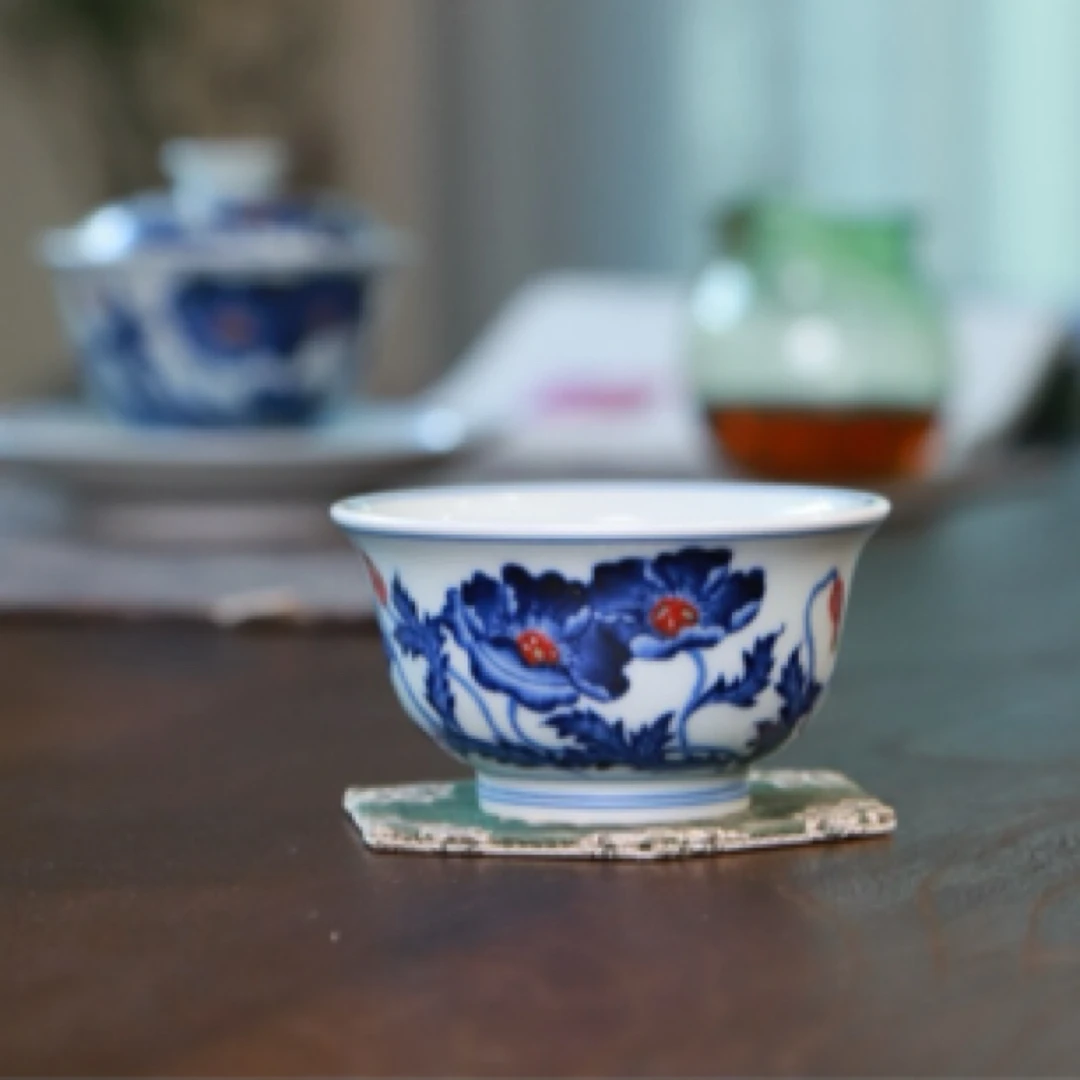 和然窑青花釉里红虞美人岩茶杯原矿青花釉里红杯手工功夫茶道茶具