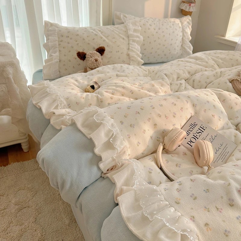 韩系A类牛奶绒花边床裙四件套冬季加绒被罩被套床单三件套双面绒