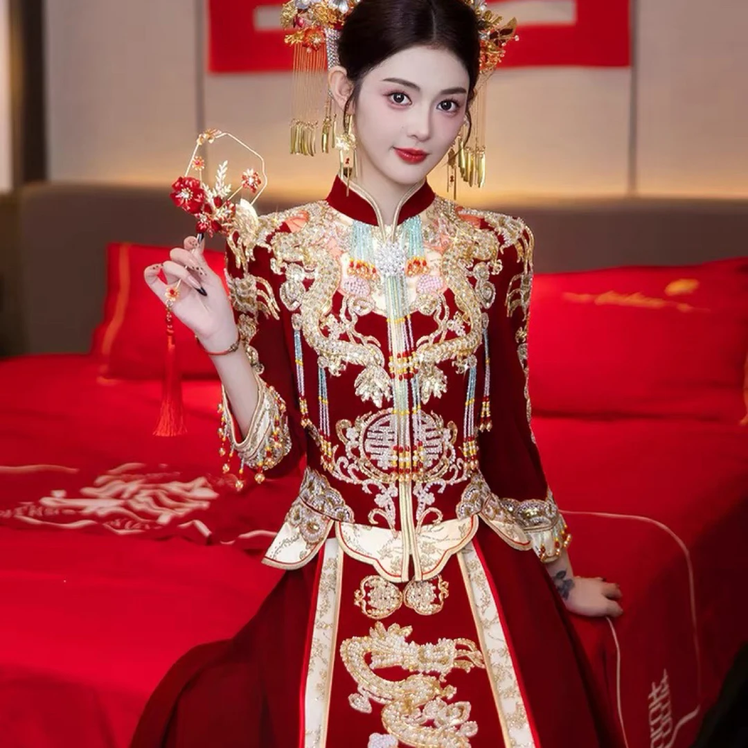 高端丝绒秀禾服婚服2025新款结婚新娘中式嫁衣重工奢华出阁服冬季