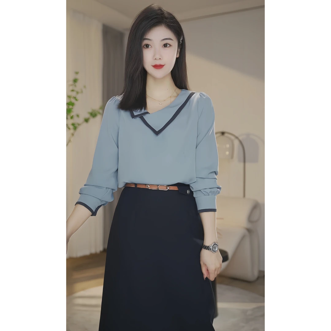 【小北甄选】欧若风8393164双色衬衫时尚纯色显瘦上衣宽松气质