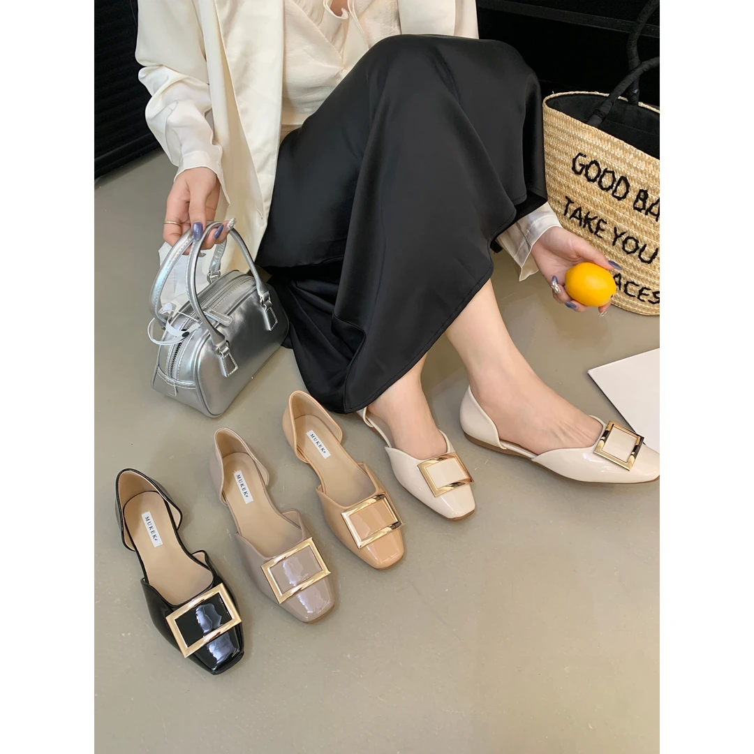 ocean one 时尚方扣中空平底鞋女浅口一脚蹬玛丽珍鞋法式通勤单鞋