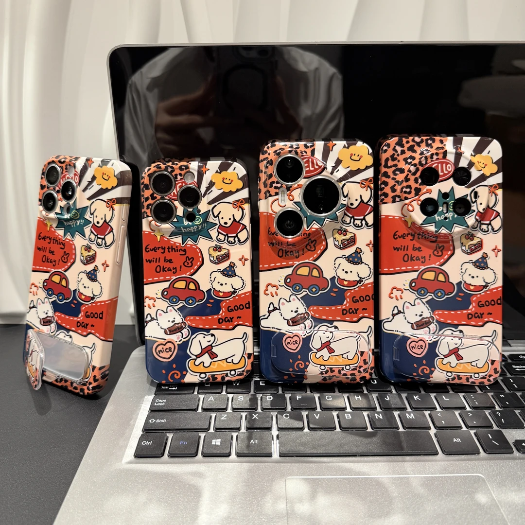 拼接色块小狗支架适用苹果/华为/荣耀/OPPO/VIVO/小米手机壳防摔