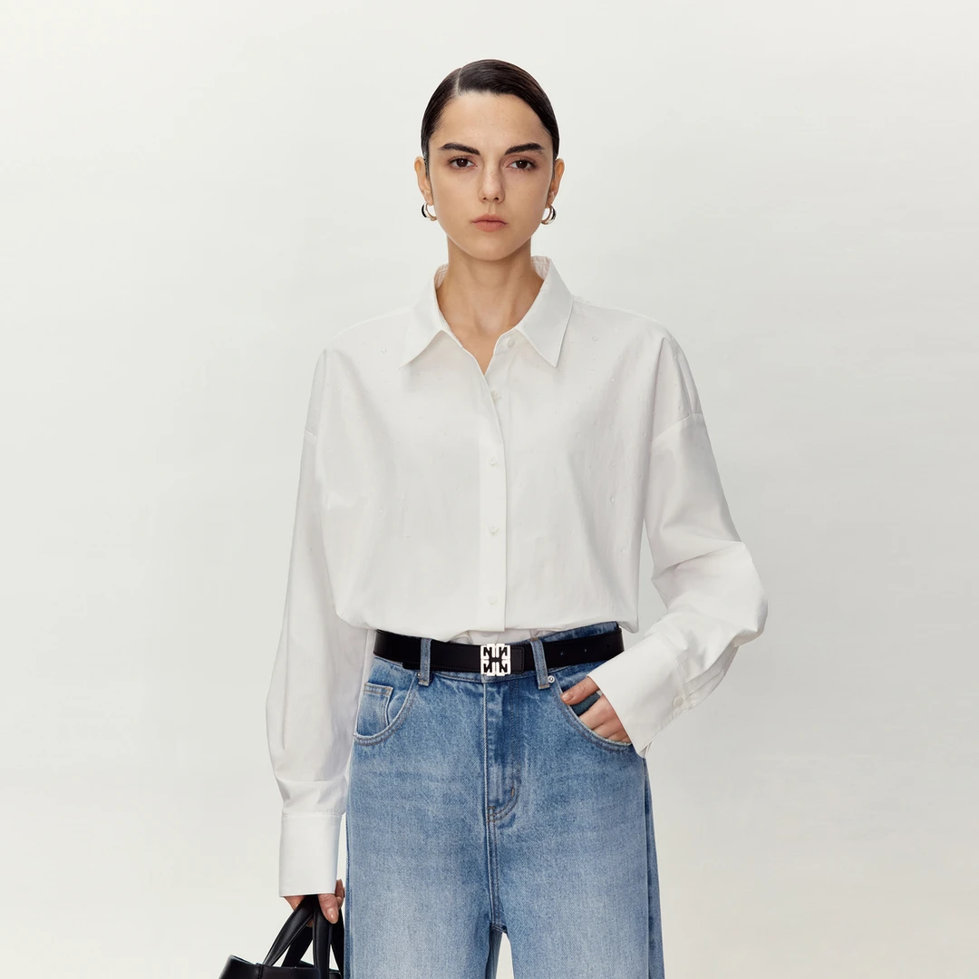 LYNEE 高密长绒棉简约雨滴烫钻气质休闲衬衫女 LGD2FSW102