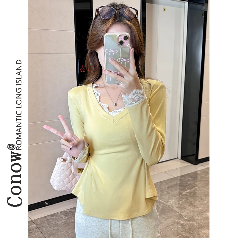 彩诺春秋款蕾丝拼接长袖T恤女纯欲风纽扣掐腰上衣设计感打底衫