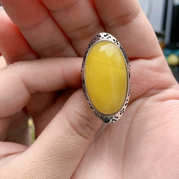 琥珀裸石银S925镶嵌戒指