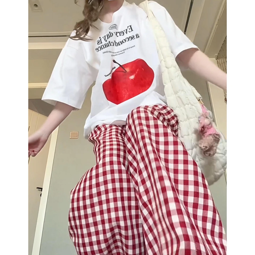 Labzaa潮牌设计感扭曲苹果印花纯棉短袖T恤女春款打底内搭上衣男