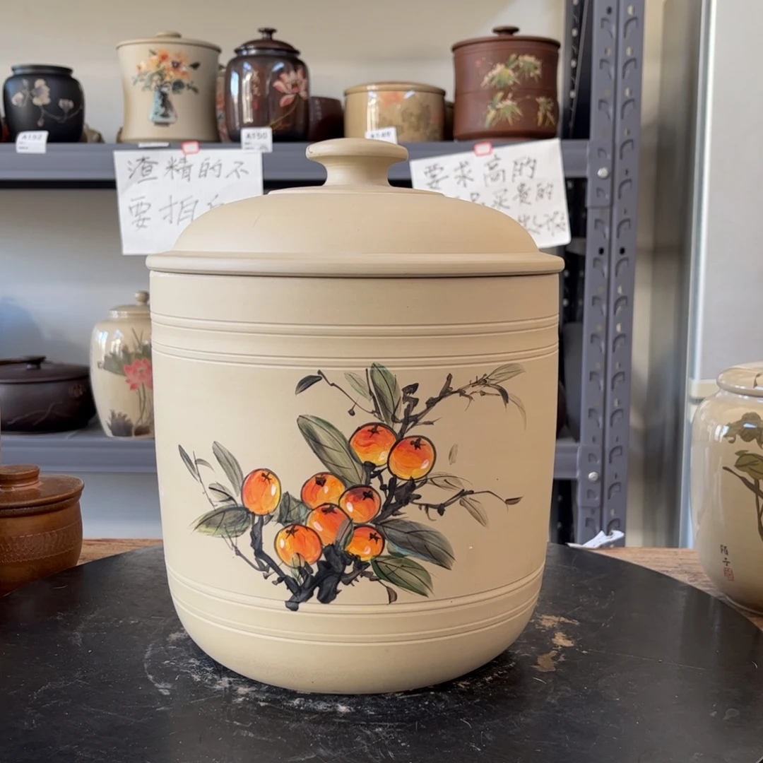 白泥哑光彩绘存茶缸微瑕