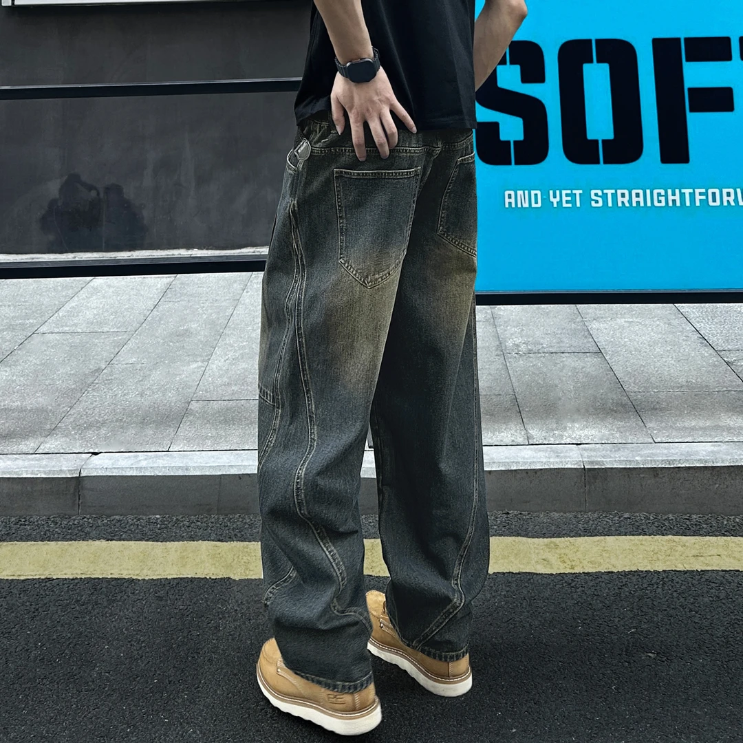 QUALCOMM美式重工水洗工装牛仔裤男秋季潮流拼接宽松阔腿直筒长裤