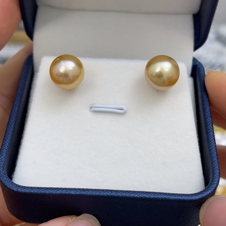 海水珍珠耳饰银S925镶嵌浓金素钉11-12mm