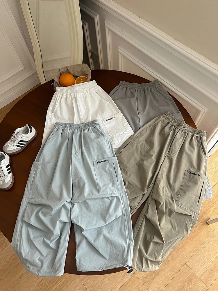 儿童刺绣字母宽松凉感工装裤男童中大童可束脚速干长裤潮