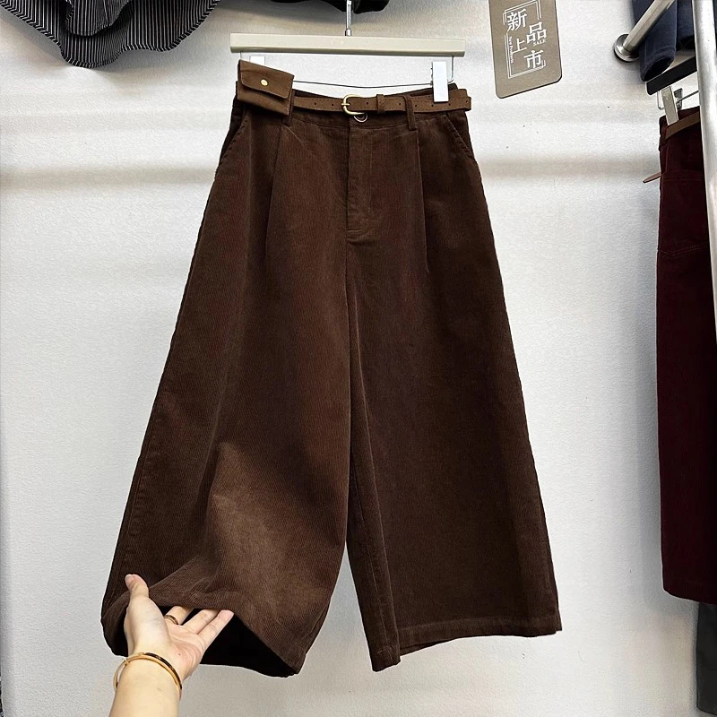 高级欧韩灯芯绒阔腿七分裤女秋冬新款时尚百搭高腰直筒休闲八分裤