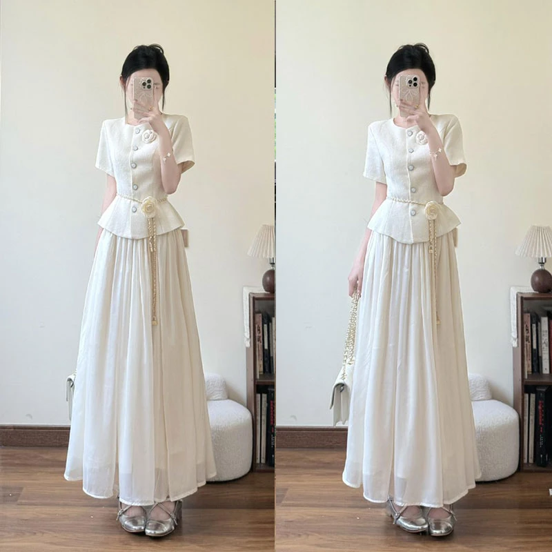 A446+A447法式小香风减龄温柔风上衣显瘦网纱半身裙气质两件套