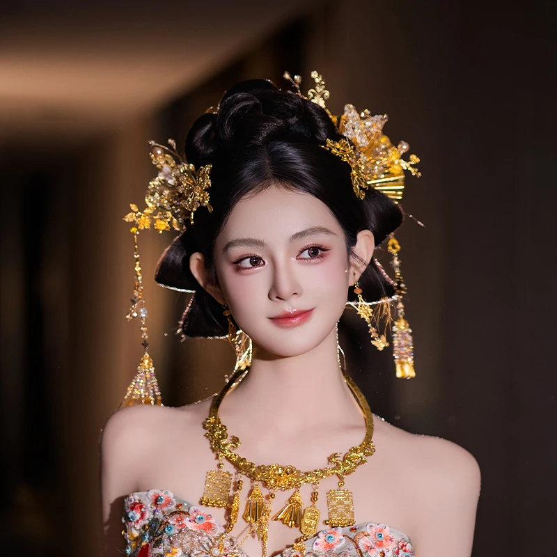 合金婚庆饰品 新娘金色高级感秀禾宫廷头饰流苏中式造型发饰D0613