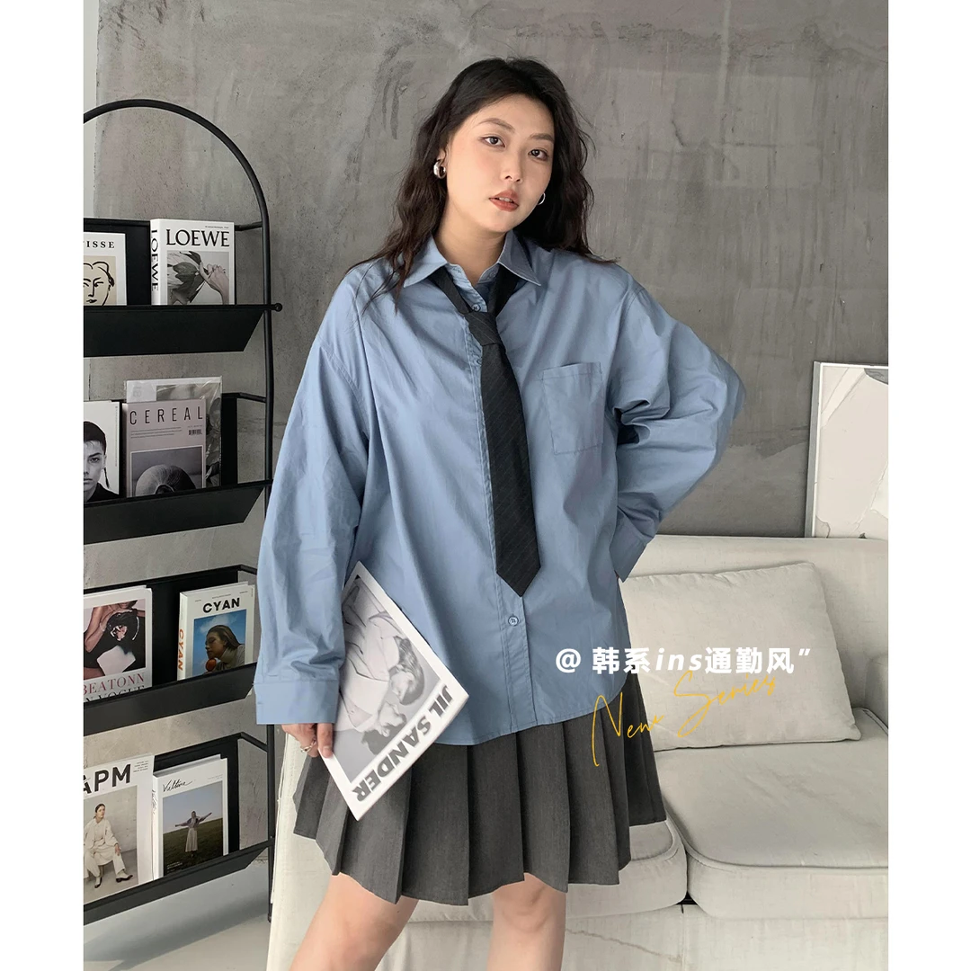 CV大码女装 盐系休闲宽松纯色长袖衬衫女中长款上衣bf风衬衣秋季