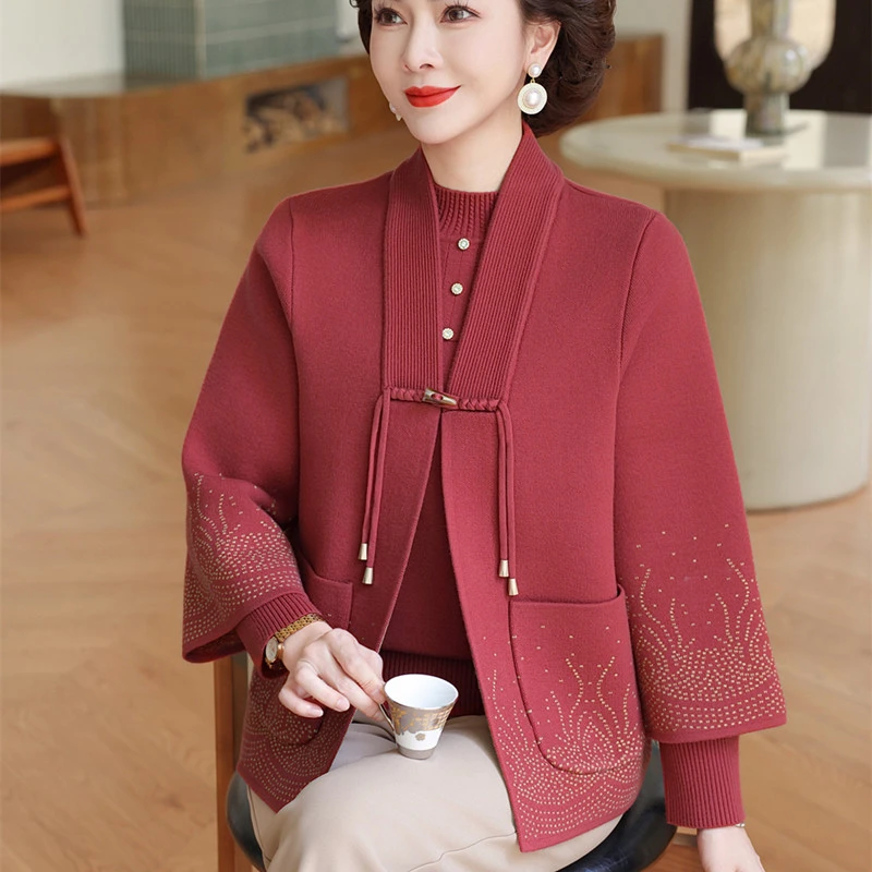妈妈秋冬高贵外套时尚两件套中老年女洋气毛衣开衫喜婆婆婚宴上衣
