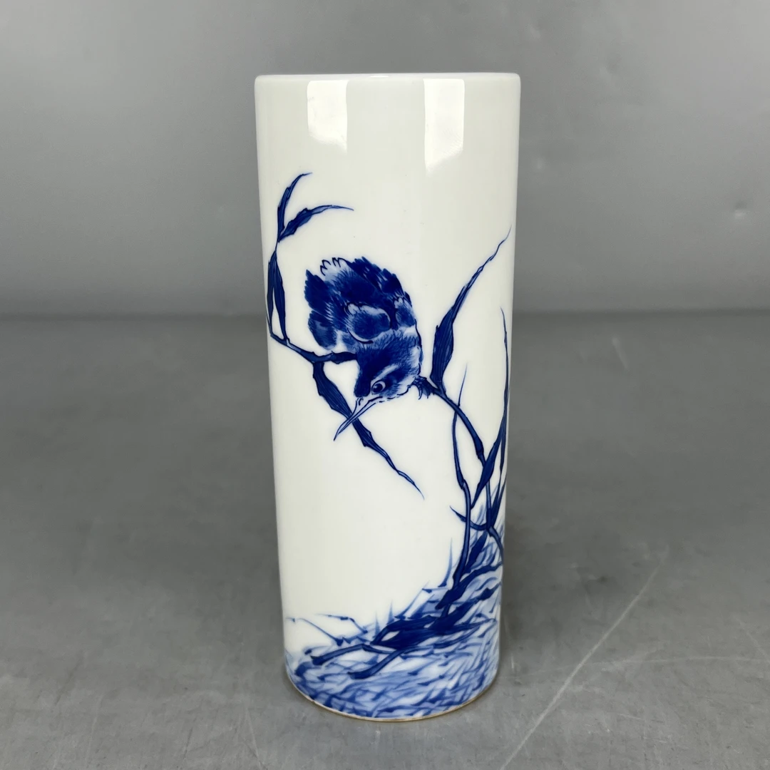 仿古瓷 仿古愿吾闻过之斋青花翠鸟图笔筒