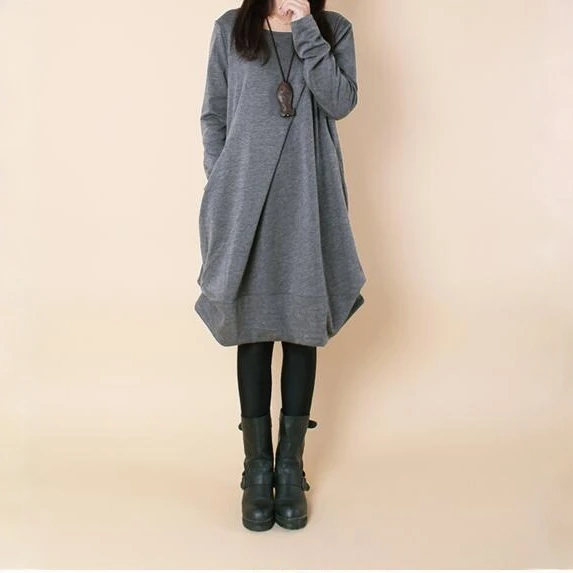 2025秋冬季韩版女装大码宽松休闲时尚百搭褶皱灰色圆领长袖连衣裙