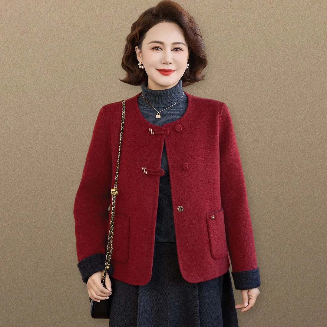 喜婆婆婚宴装妈妈冬装红色本命年毛呢外套2025新款高级感洋气上衣