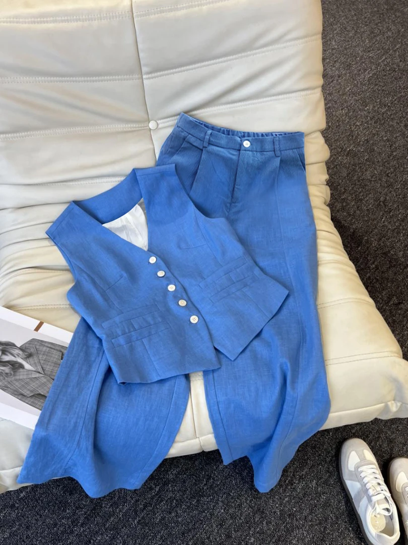 夏季2025新款气质高端轻奢套装女洋气蓝色背心马甲搭阔腿裤两件套