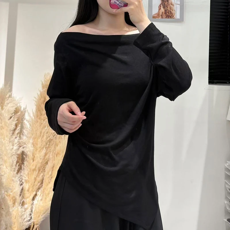 设计感一字肩宽松大码长袖t恤女秋季胖mm遮肉显瘦打底衫收腰上衣