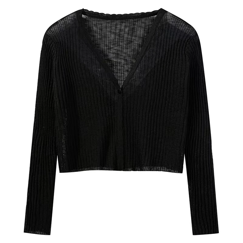 纯色披肩V领长袖针织小开衫女夏季薄款休闲百搭上衣