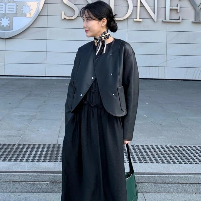 现Korea小众复古设计感不规则金属斜扣口袋百搭机车pu皮衣外套