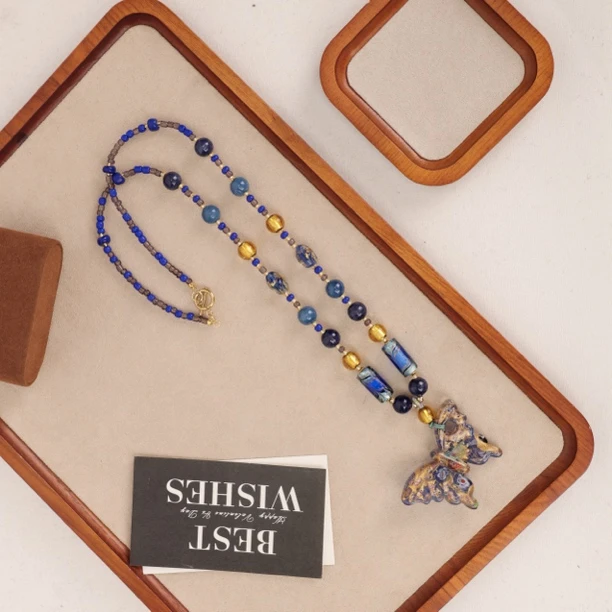 合金项链 玉楼东LZ2116 深蓝色万花蝴蝶蓝色银箔圆柱琉璃项链