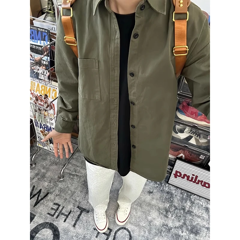 军绿色长袖衬衫男款秋季ootd穿搭美式复古cleanfit工装衬衣外套潮