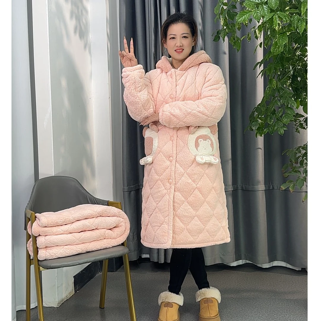 【女士长袍5904】冬季夹棉睡衣时尚三层夹棉加厚家居服套装加绒外穿
