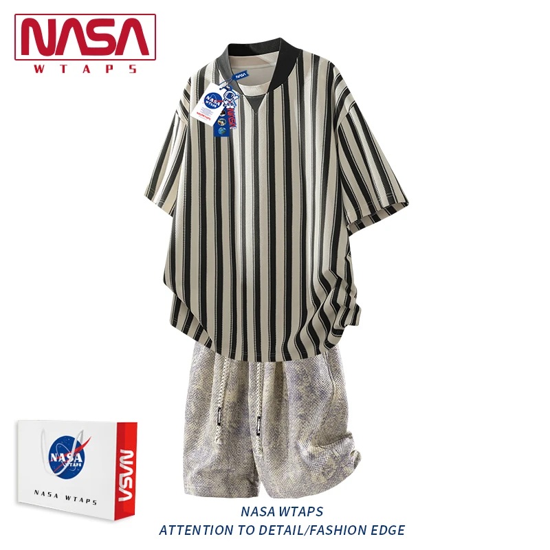 NASA WTAPS美式高级感条纹短袖套装男夏季冰丝透气T恤短裤两件套