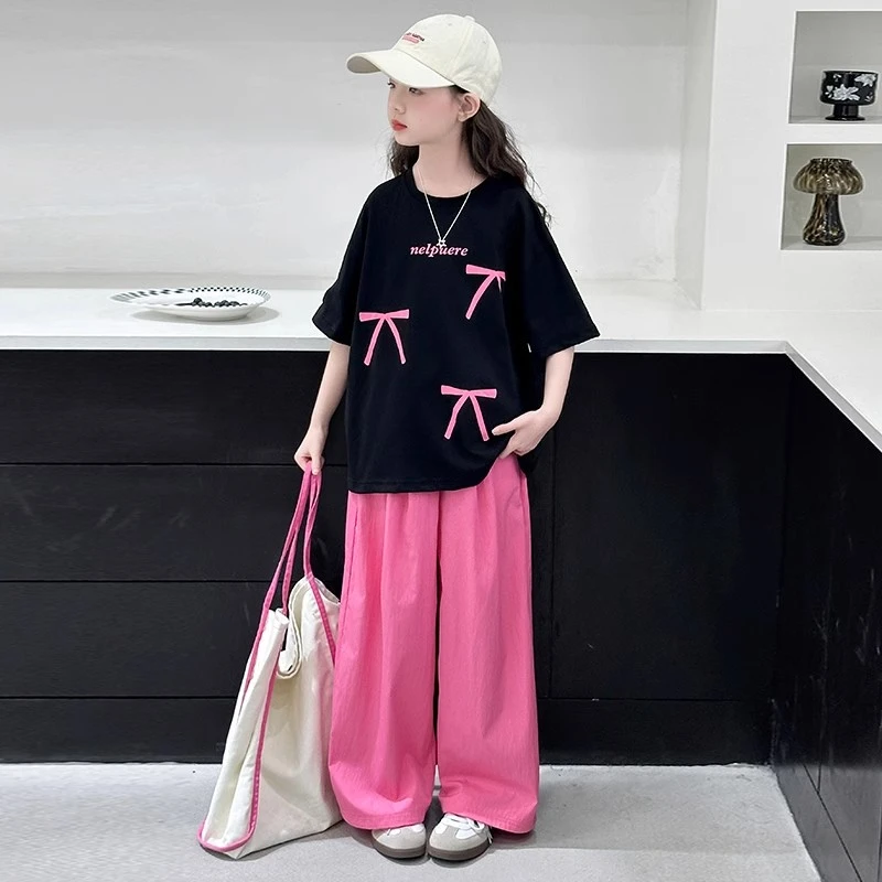 女童夏季短袖套装2025新款洋气女大童装夏休闲T恤儿童薄款阔腿裤