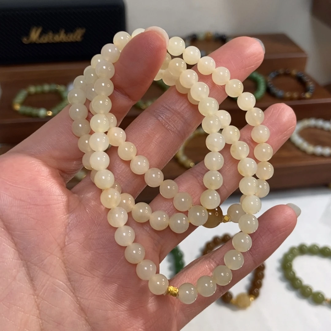 和田玉18K金镶嵌手链6mm糖白三圈