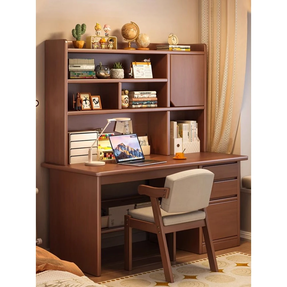 实木书桌书架一体书柜小户型电脑桌卧室学生成人学习写字台床边