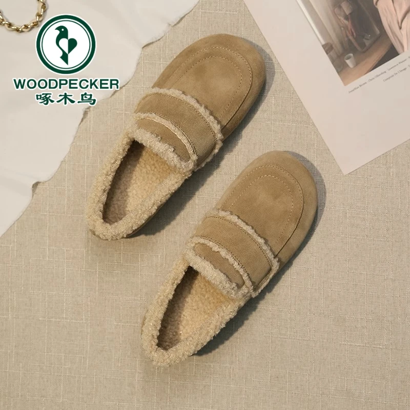 啄木鸟豆豆毛毛鞋女外穿2025秋冬单鞋平底勃肯复古一脚蹬加绒棉鞋