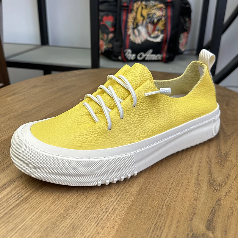 柠檬黄真皮男鞋一脚蹬男士牛皮休闲板鞋男低帮板鞋透气舒适爆款鞋