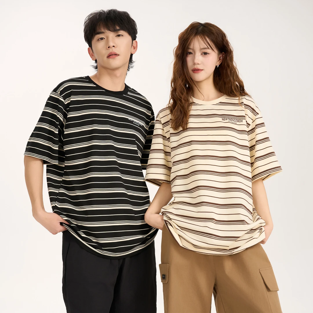 ZMOH日系字母条纹logo休闲运动宽松落肩圆领套头短袖T恤男女同款