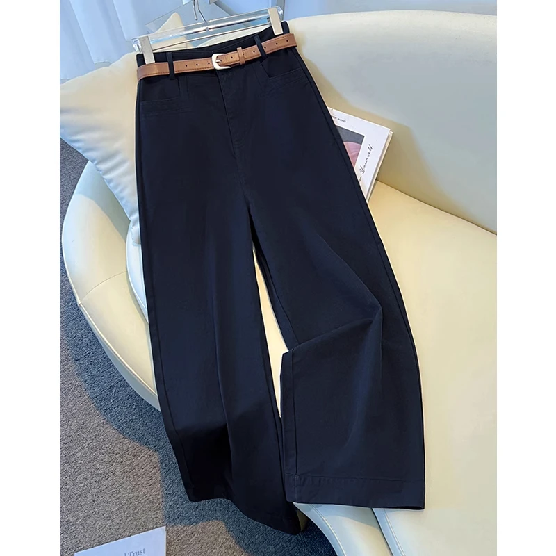 拉夏贝尔藏蓝色西装阔腿裤女2025秋季新款高腰显瘦宽松九分直筒裤