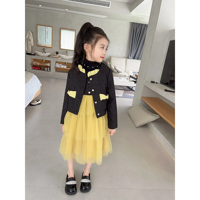 女童小香风套装秋季女童外套+无袖背心拼接网纱款23501#
