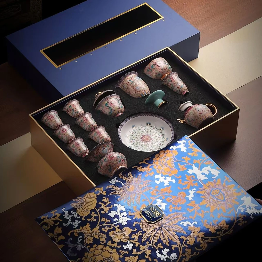 景德镇五言六器珐琅彩手工茶具十五头套装礼盒装高温高档自用送礼
