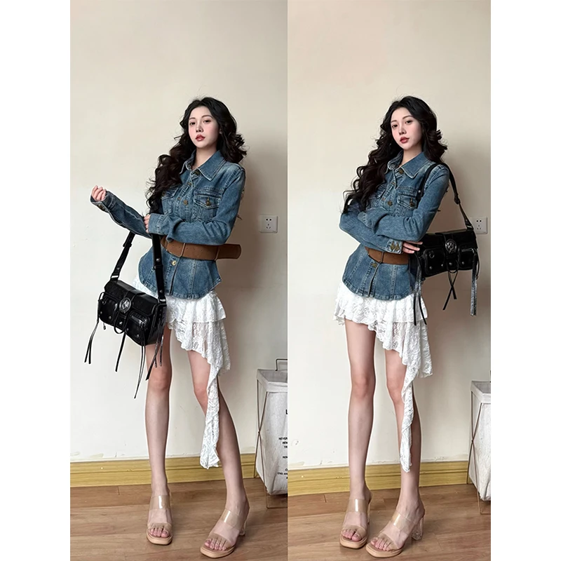 复古做旧蓝色牛仔外套女春秋季款高级感宽松修身显瘦百搭长袖上衣