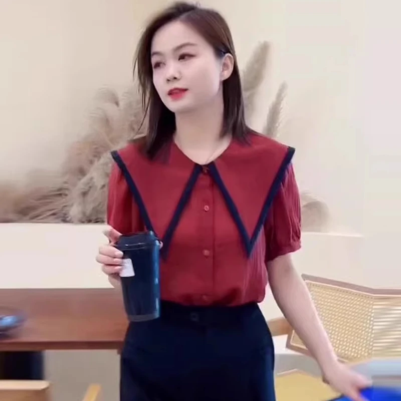 通勤小众百搭洋气减龄衬衫女2025新款撞色拼接显瘦甜美娃娃领上衣