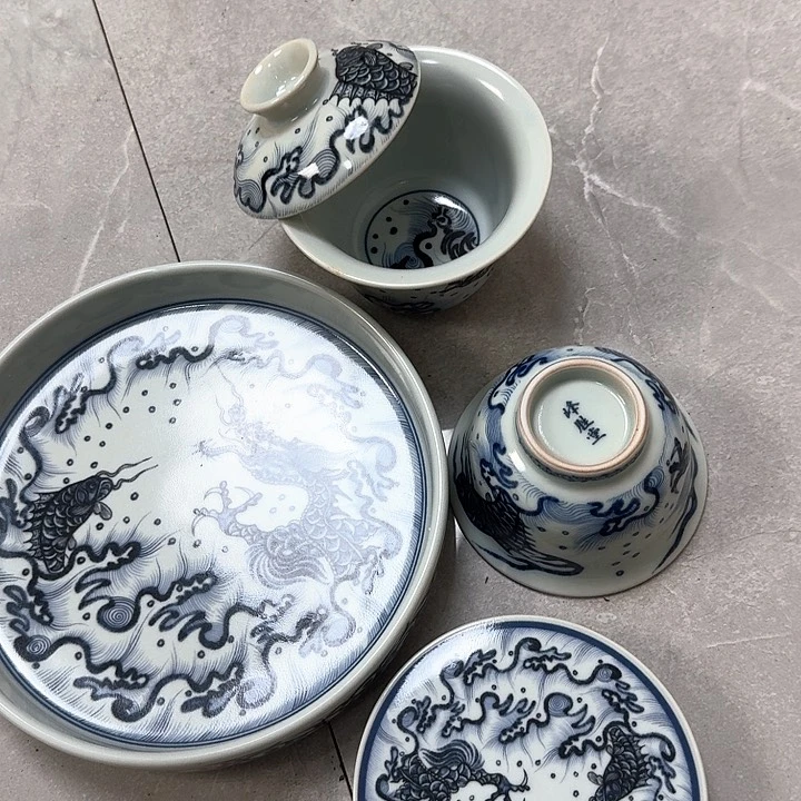 瓷片青花鱼化龙4件套景德镇