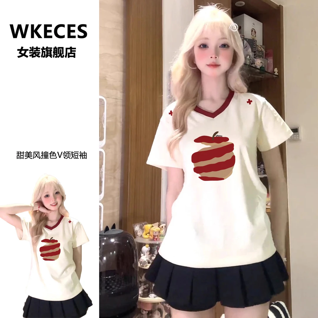 甜辣妹卡通苹果印花V领短袖t恤女夏撞色正肩显瘦设计感小众上衣