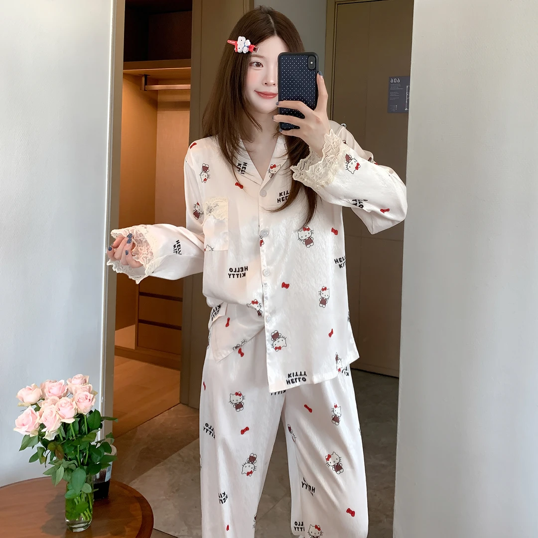 高级缎面印花冰丝睡衣女春秋2025年网红新款长袖可外穿家居服套装